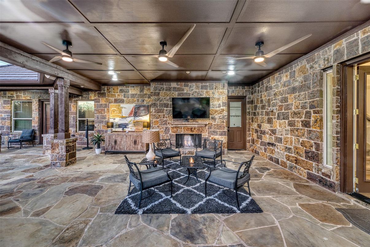 Fireplace, Interior, Recessed Lighting, Stone Walls