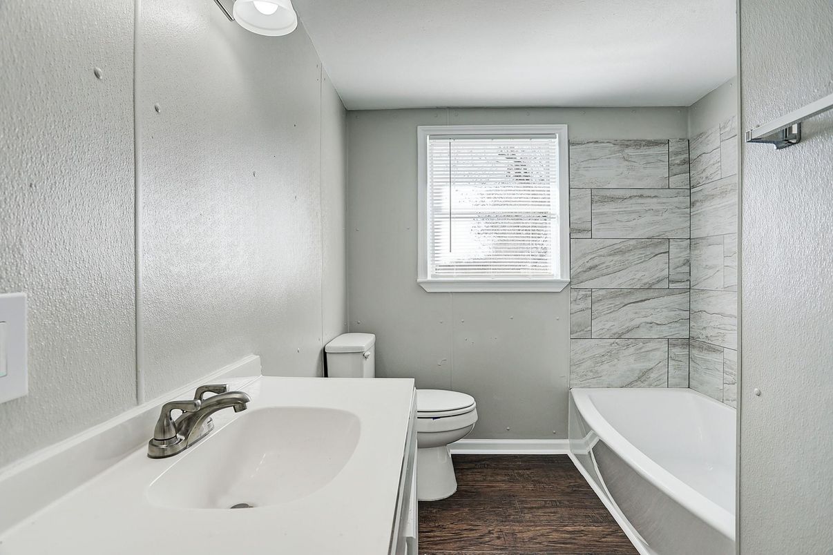 Bathroom, Interior, Marble Walls, Wood Texture Flooring