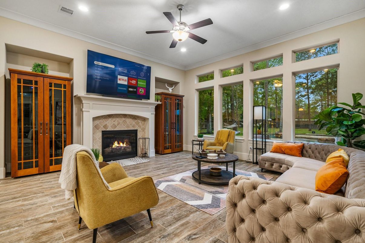 Fireplace, Interior, Living room, Recessed Lighting, Wood Texture Flooring