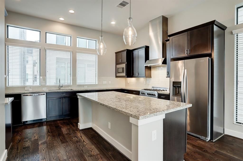Interior, Kitchen, Pendant Lights, Recessed Lighting, Stainless Steel Appliances, Wood Texture Flooring
