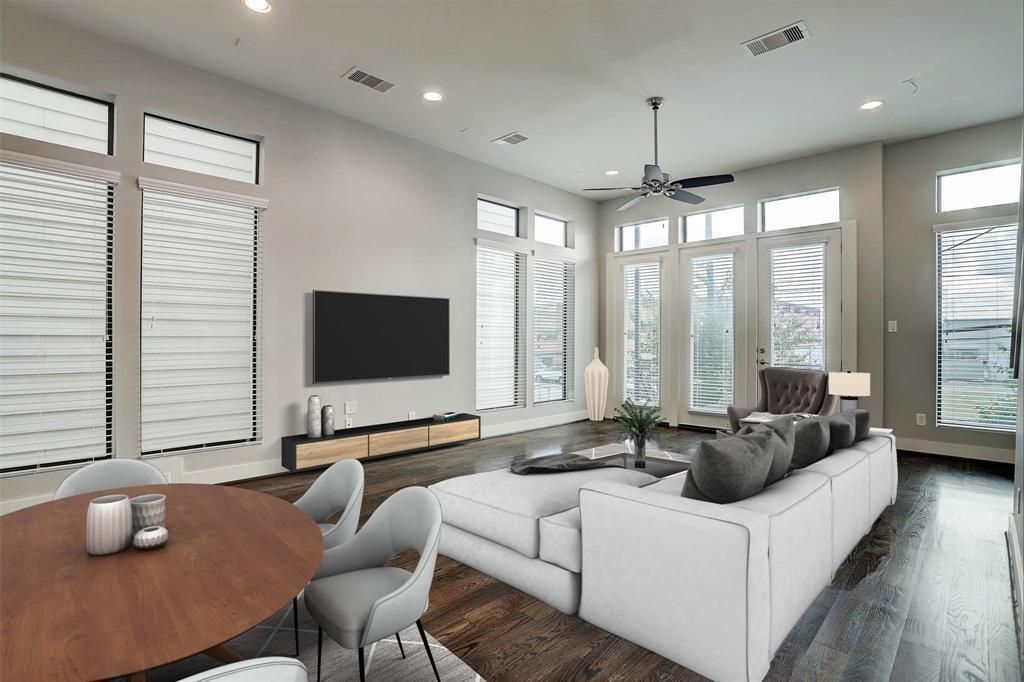 Dining room, Interior, Living room, Recessed Lighting, Wood Texture Flooring