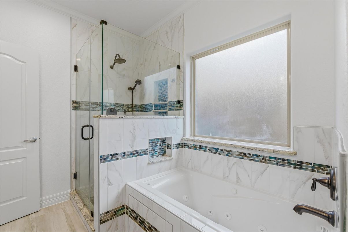 Bathroom, Glass Shower, Interior, Marble Walls, Wood Texture Flooring