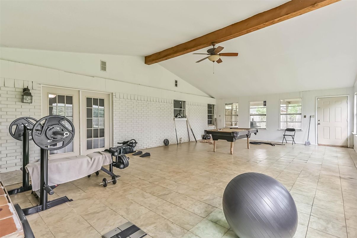 Billiard Table, Fitness Equipment, Game Room, Interior, Stone Walls, Wooden Beams