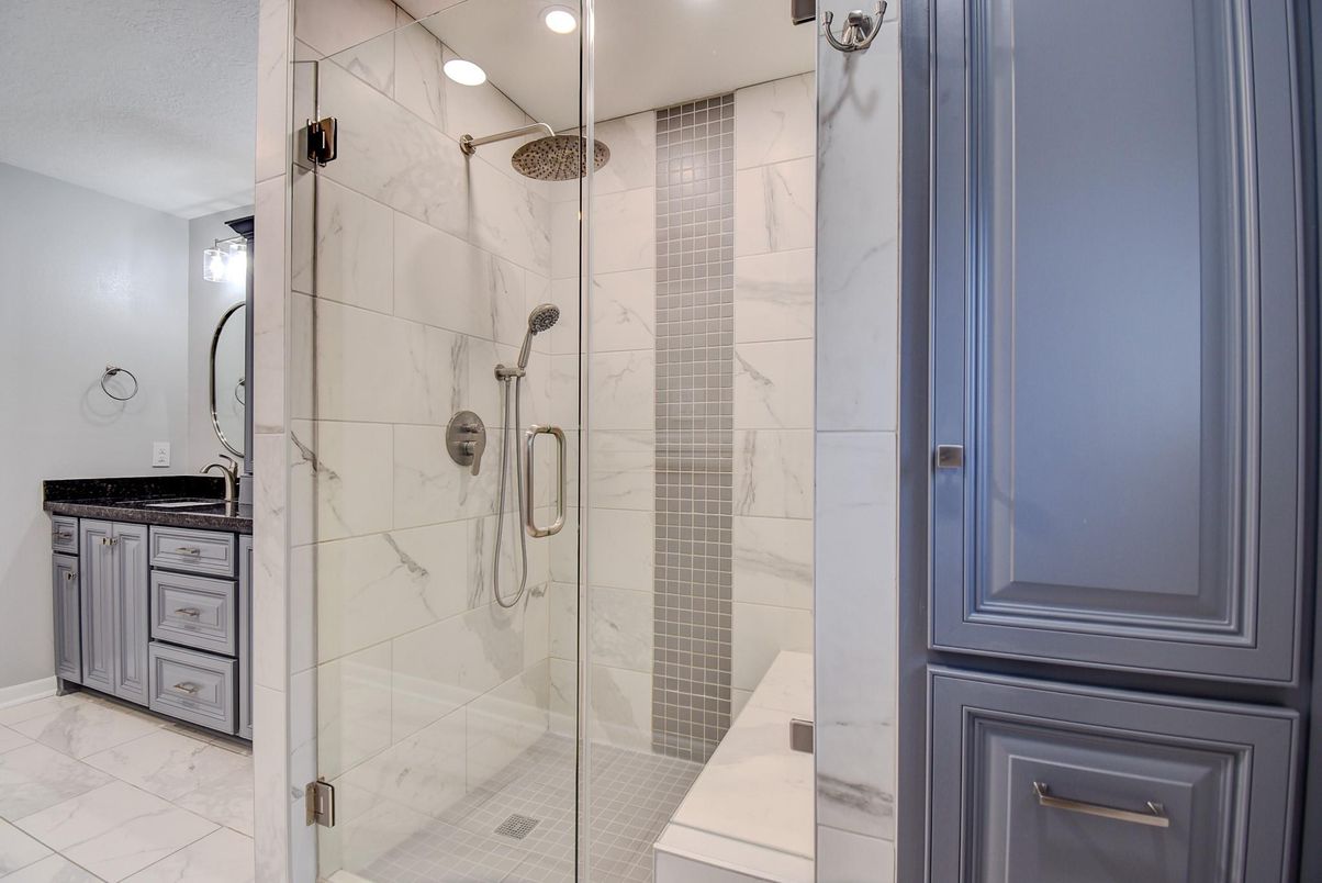 Bathroom, Glass Shower, Interior, Marble, Marble Walls, Recessed Lighting