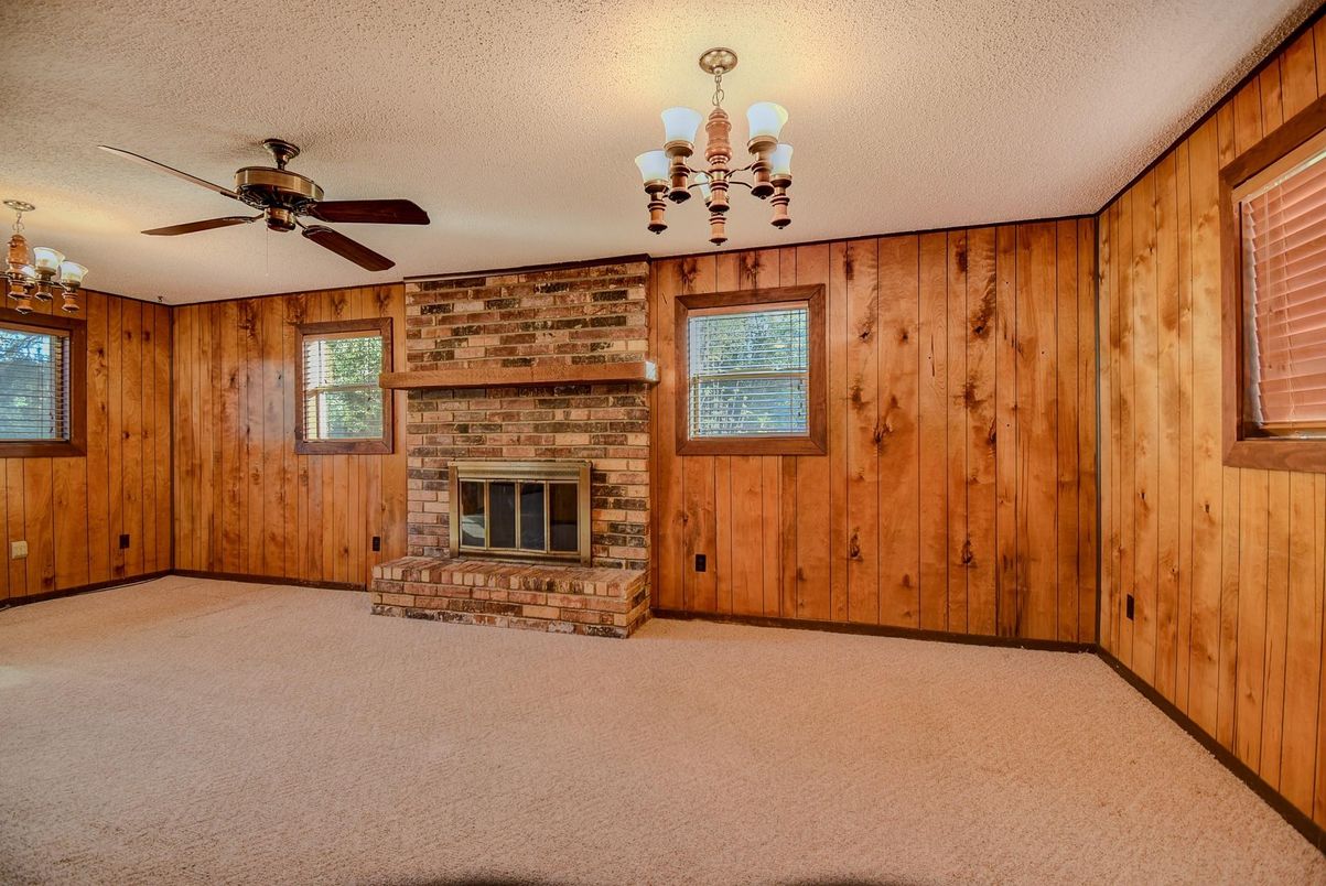 Chandelier, Empty room, Fireplace, Interior, Stone Walls, Wooden Walls