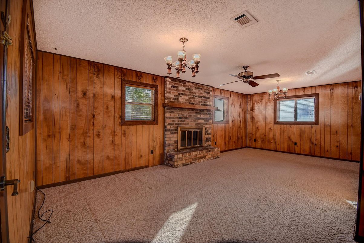 Chandelier, Empty room, Fireplace, Interior, Stone Walls, Wooden Walls