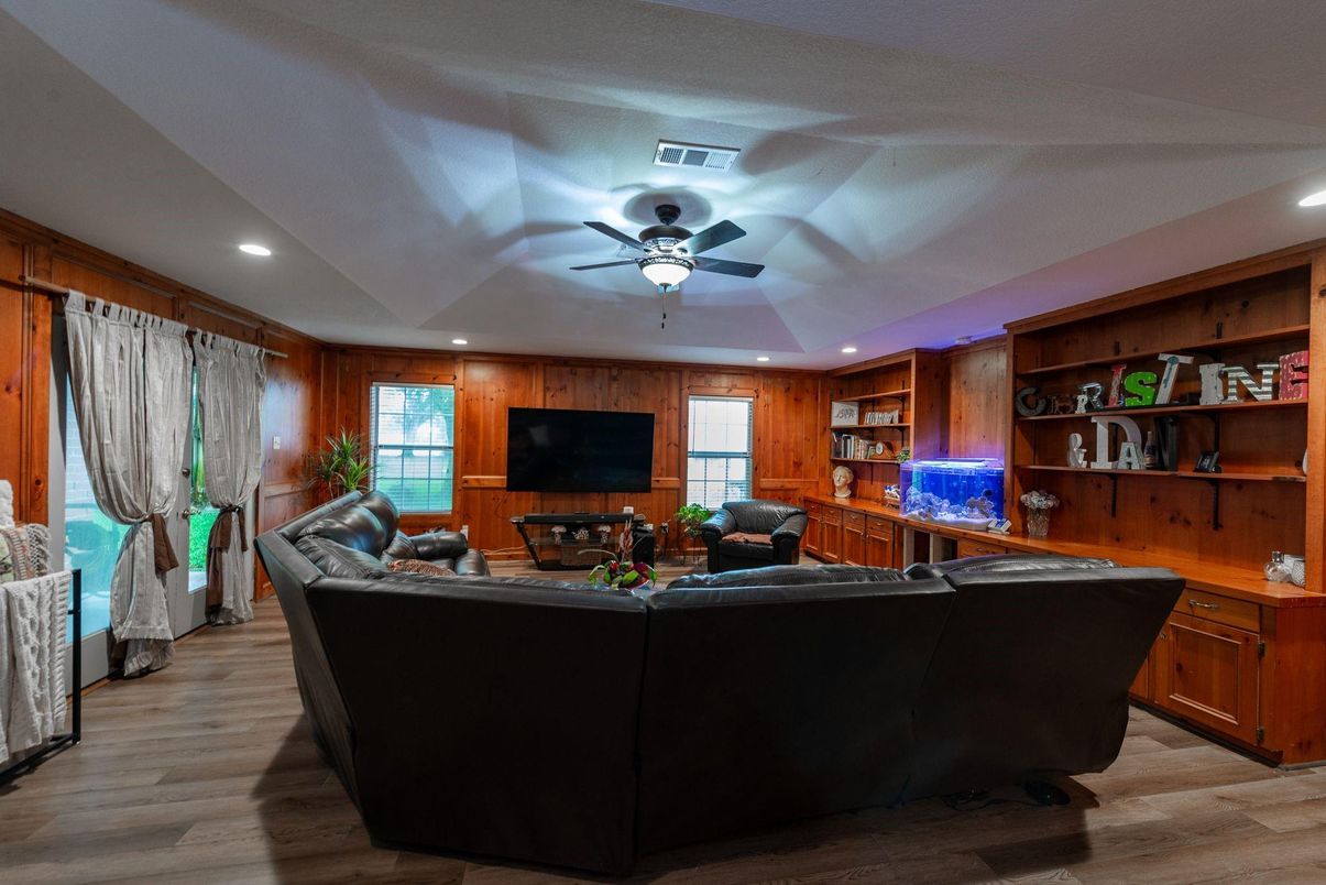 Interior, Living room, Recessed Lighting, Wood Texture Flooring, Wooden Walls