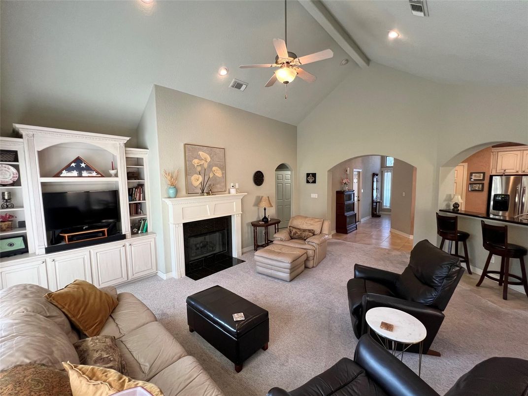 Fireplace, Interior, Kitchen, Living room, Recessed Lighting