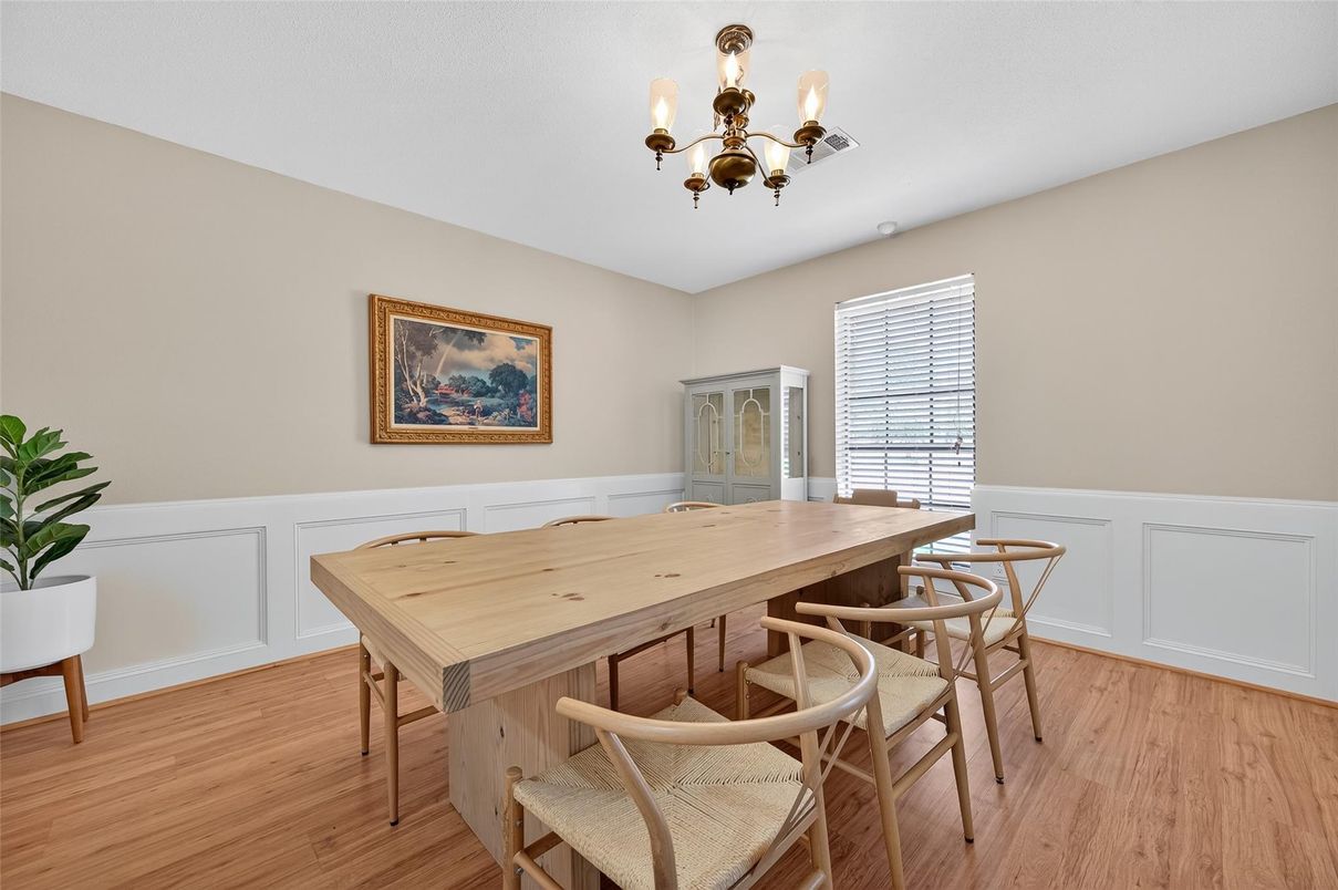 Chandelier, Dining room, Interior, Wood Texture Flooring