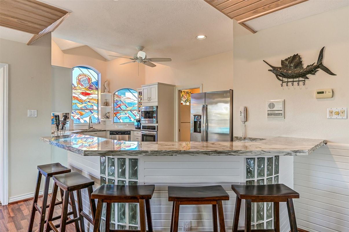 Interior, Kitchen, Recessed Lighting, Stainless Steel Appliances, Wood Texture Flooring