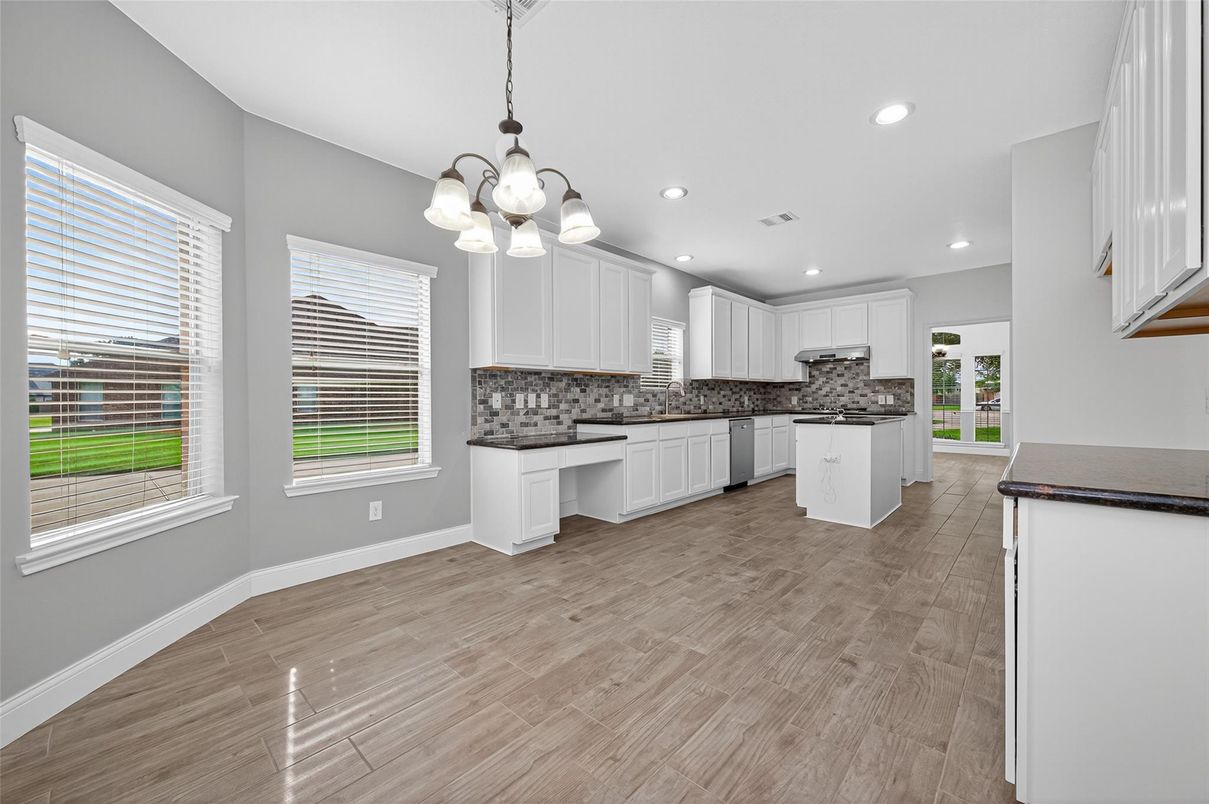 Chandelier, Interior, Kitchen, Recessed Lighting, Wood Texture Flooring