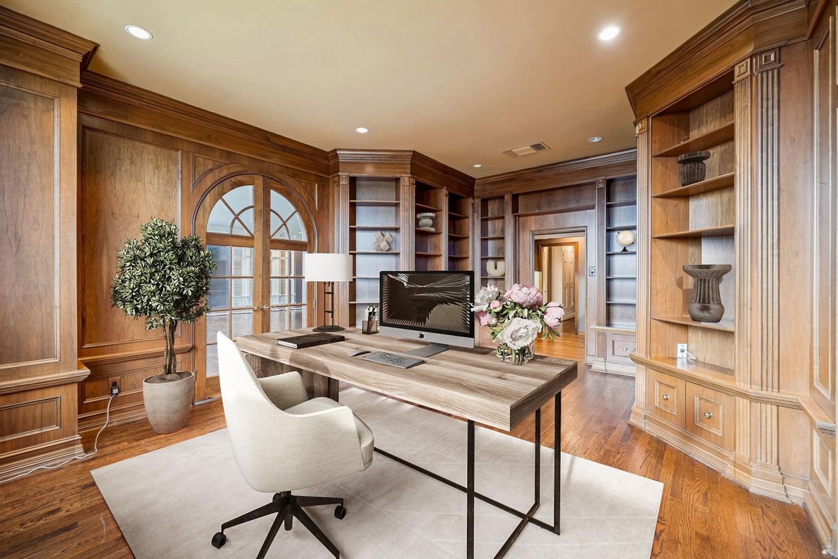 Home Office, Interior, Recessed Lighting, Wood Texture Flooring, Wooden Walls