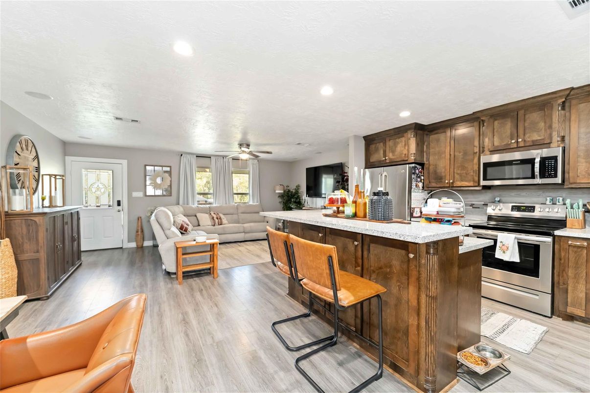 Interior, Kitchen, Living room, Recessed Lighting, Stainless Steel Appliances, Wood Texture Flooring