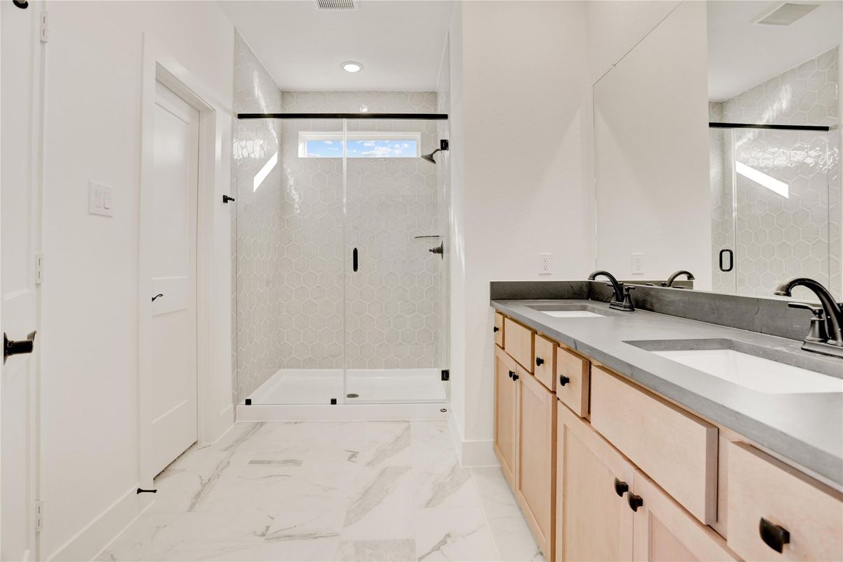 Bathroom, Dual Sink Vanities, Glass Shower, Interior, Marble, Recessed Lighting