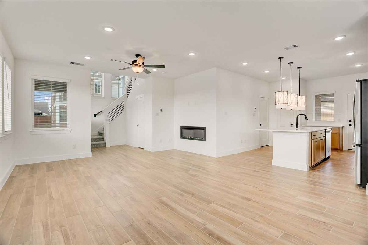 Empty room, Interior, Kitchen, Pendant Lights, Recessed Lighting, Wood Texture Flooring
