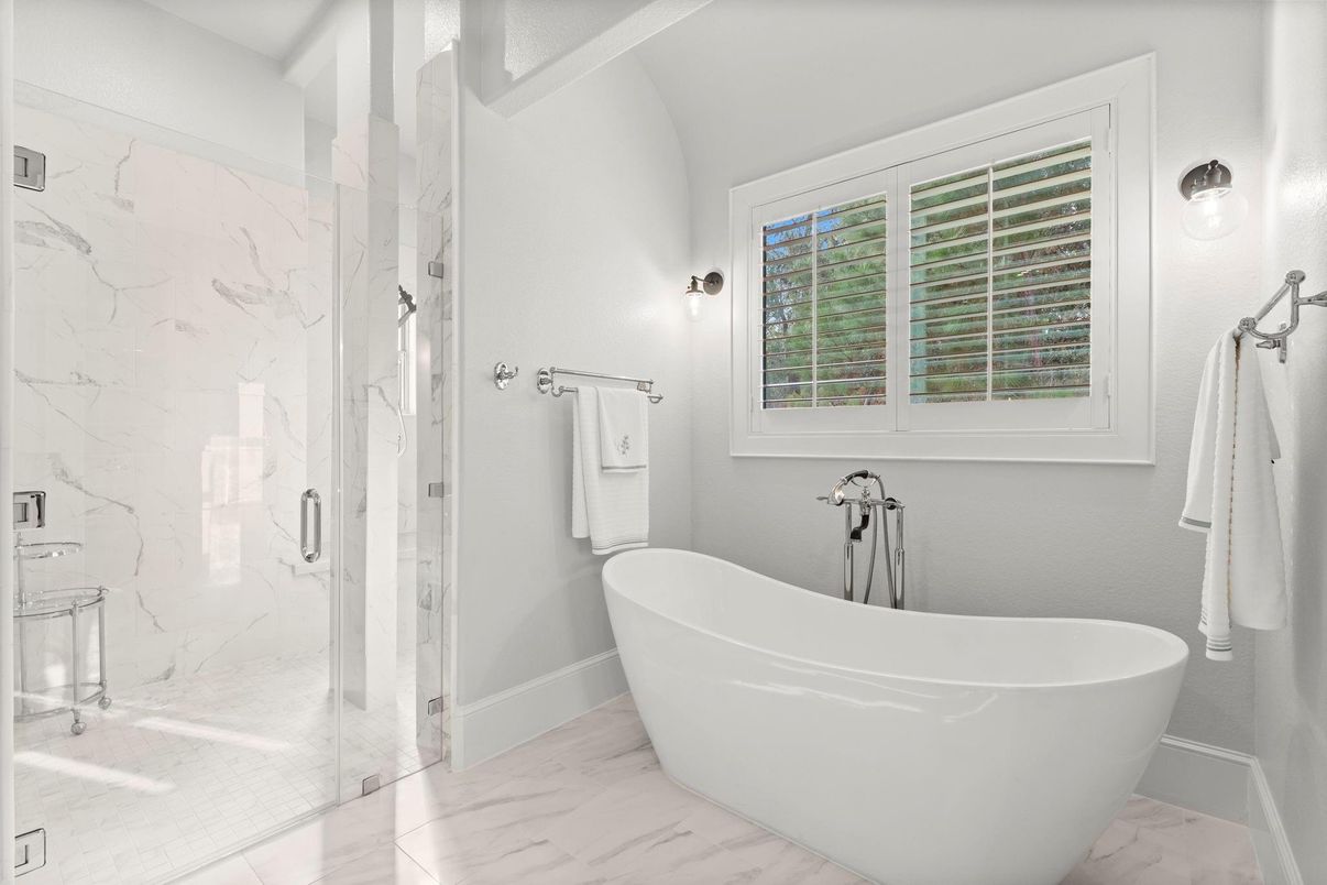 Bathroom, Free Standing Baths, Glass Shower, Interior, Marble, Marble Walls