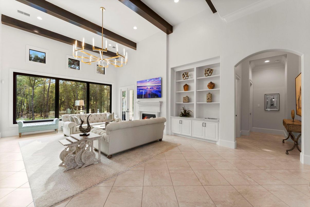 Fireplace, Interior, Living room, Pendant Lights, Recessed Lighting, Wooden Beams