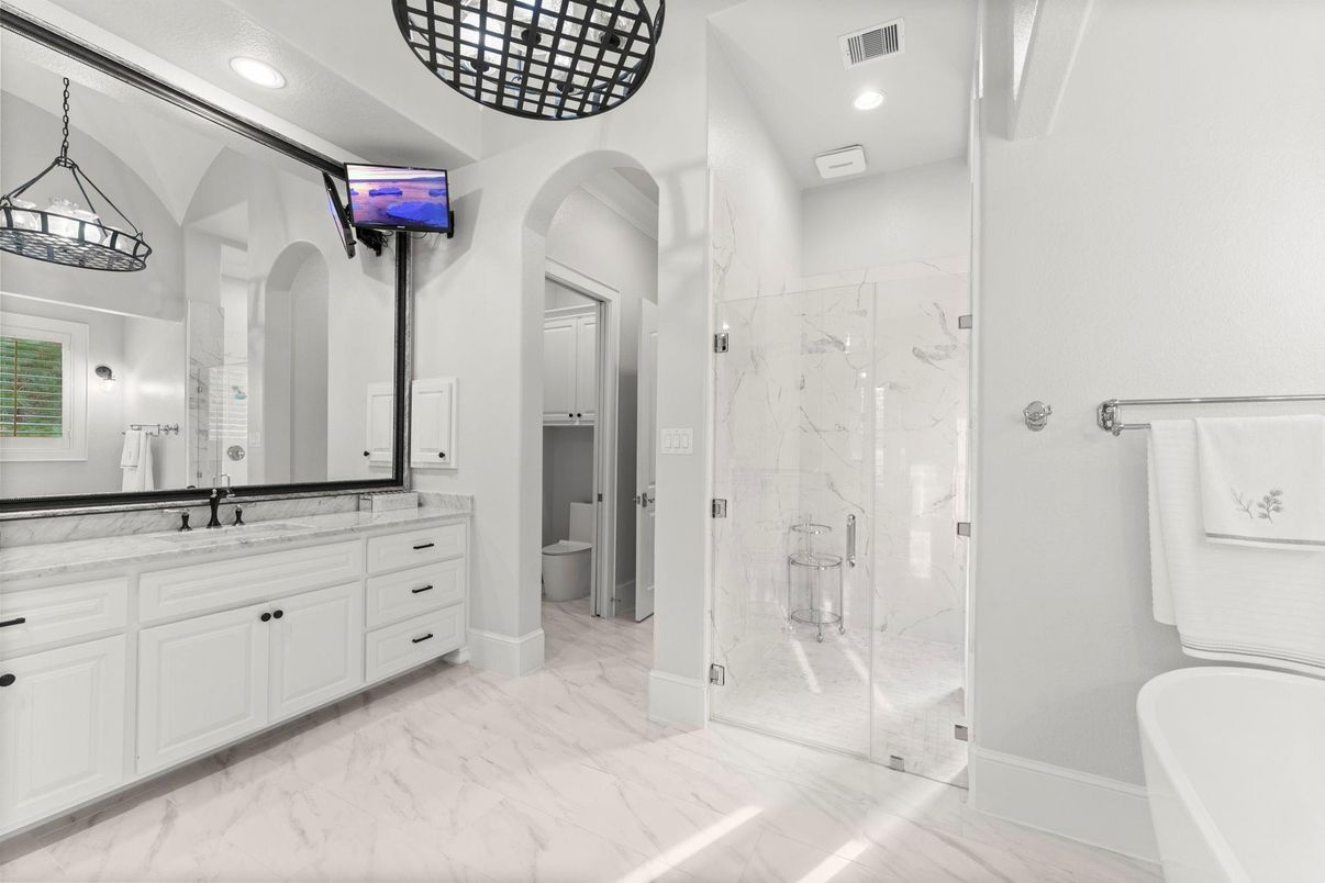 Bathroom, Dual Sink Vanities, Glass Shower, Interior, Marble, Marble Walls, Recessed Lighting