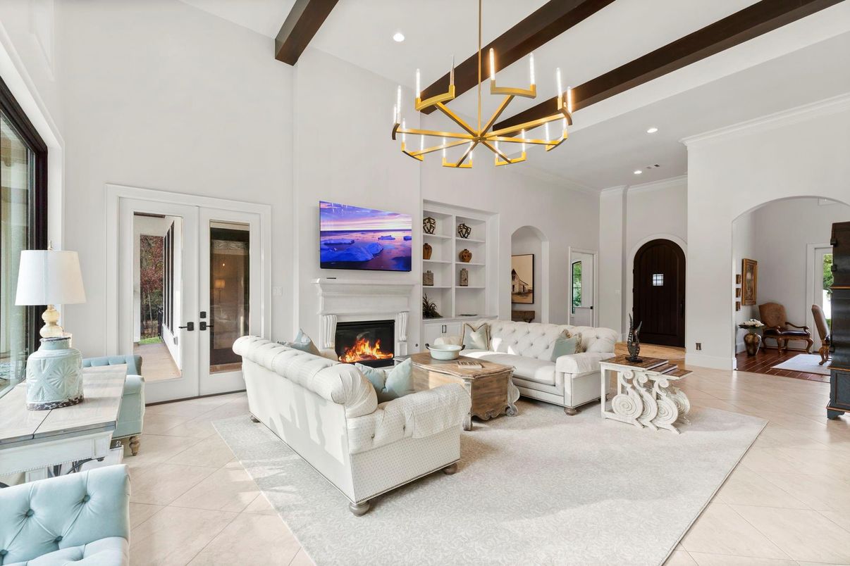 Fireplace, Interior, Living room, Pendant Lights, Recessed Lighting, Wooden Beams