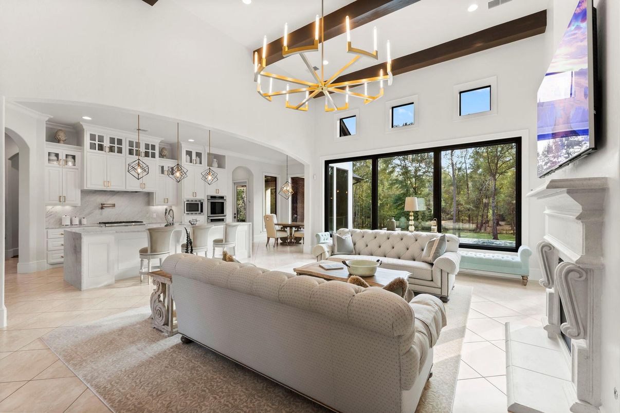 Fireplace, Interior, Kitchen, Living room, Pendant Lights, Recessed Lighting