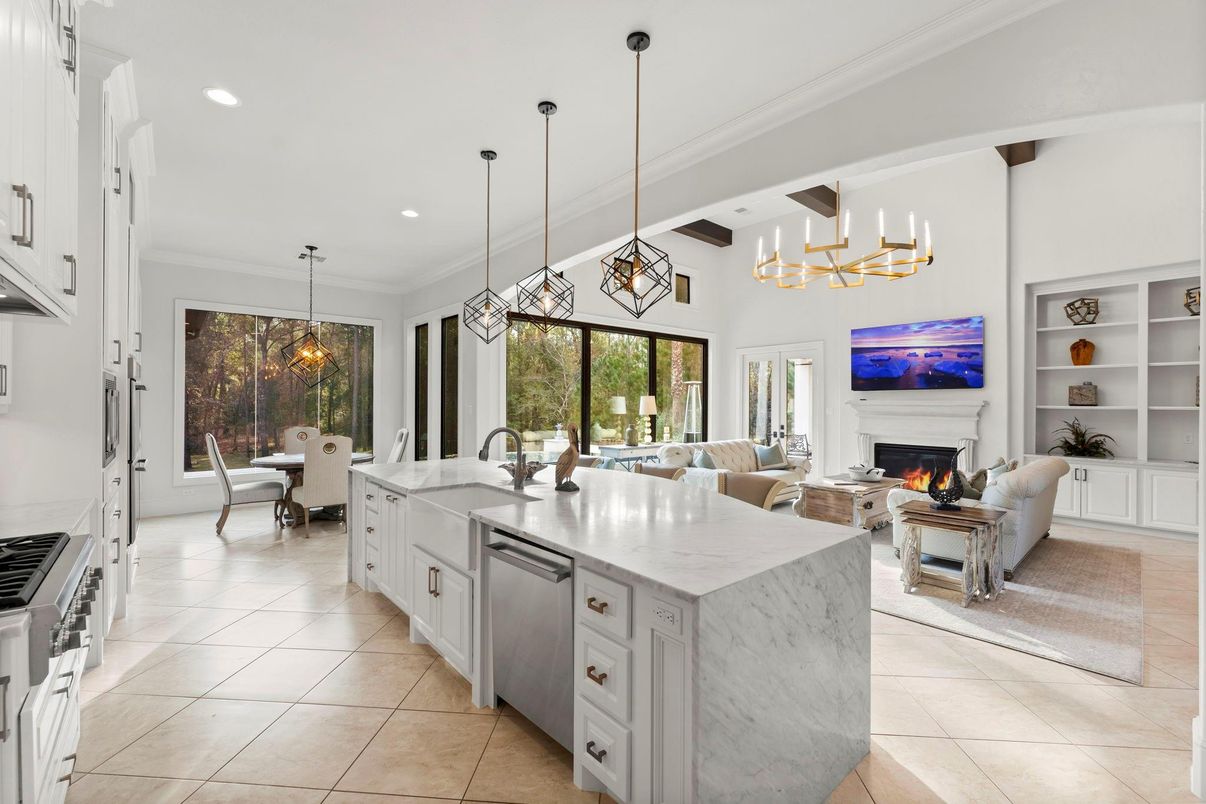 Dining room, Fireplace, Interior, Kitchen, Living room, Pendant Lights, Recessed Lighting, Wooden Beams