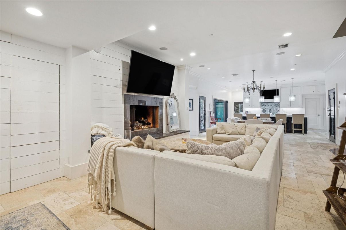 Dining room, Fireplace, Interior, Kitchen, Living room, Pendant Lights, Recessed Lighting