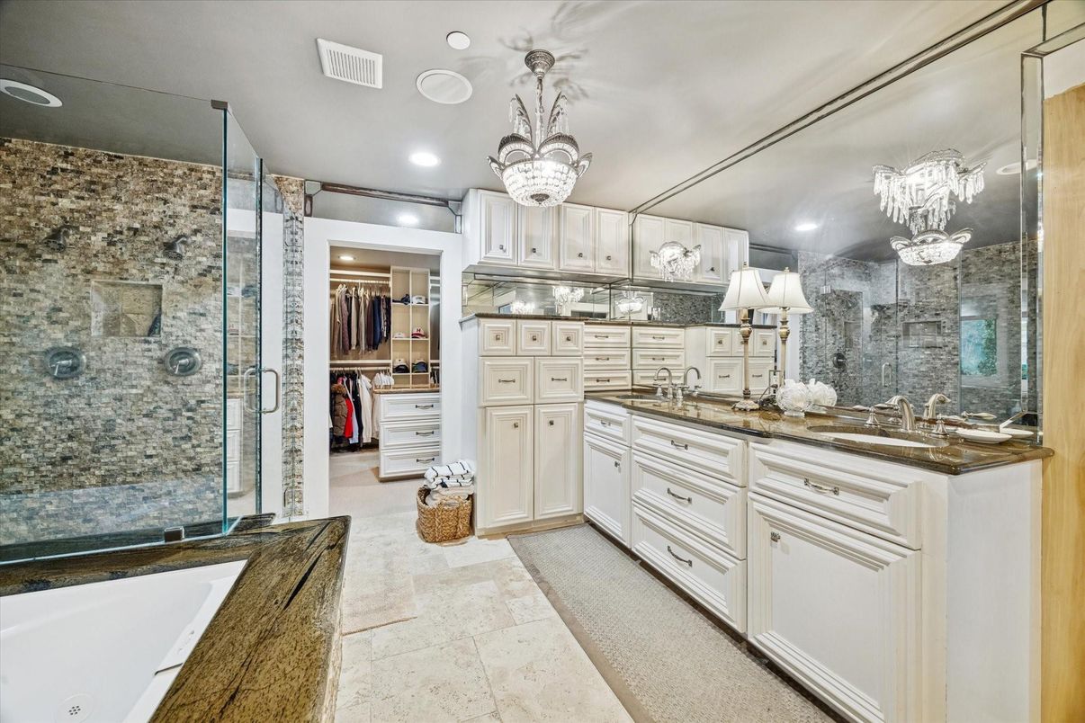 Bathroom, Chandelier, Dual Sink Vanities, Glass Shower, Interior, Recessed Lighting