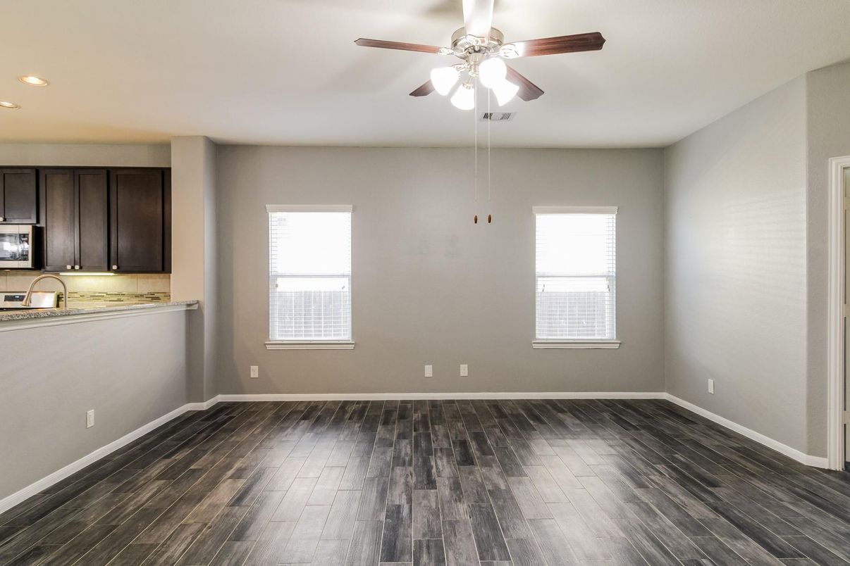 Empty room, Interior, Kitchen, Recessed Lighting, Wood Texture Flooring