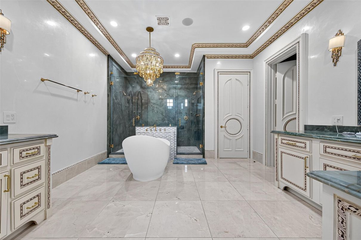 Bathroom, Chandelier, Free Standing Baths, Glass Shower, Interior, Recessed Lighting