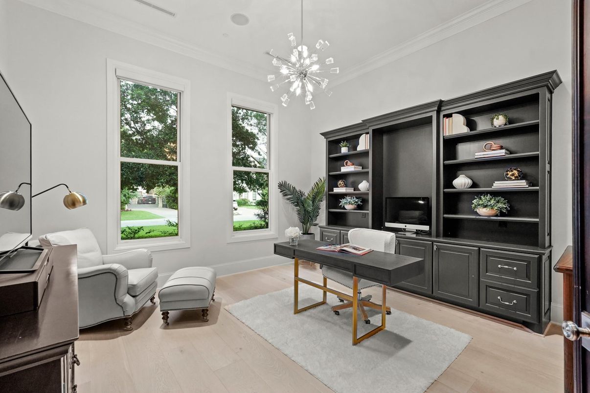 Home Office, Interior, Pendant Lights, Wood Texture Flooring