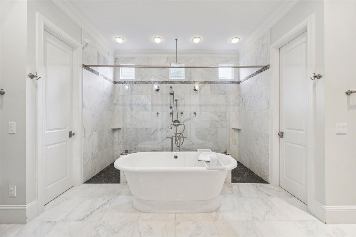 Bathroom, Free Standing Baths, Glass Shower, Interior, Marble, Marble Walls, Recessed Lighting