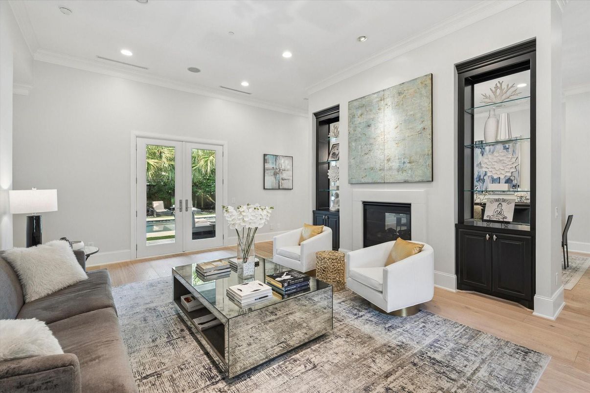 Fireplace, Interior, Living room, Recessed Lighting, Wood Texture Flooring