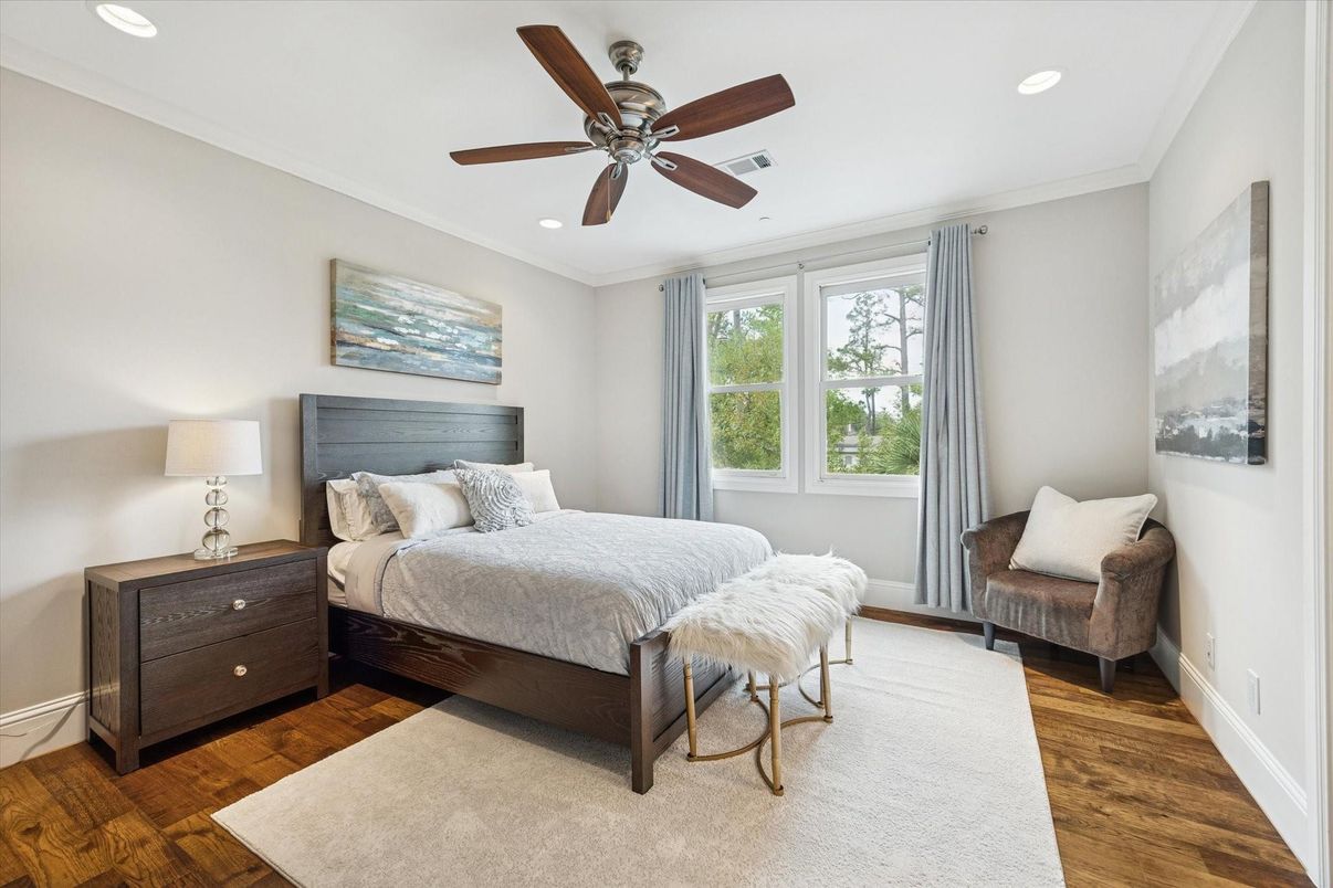 Bedroom, Interior, Recessed Lighting, Wood Texture Flooring