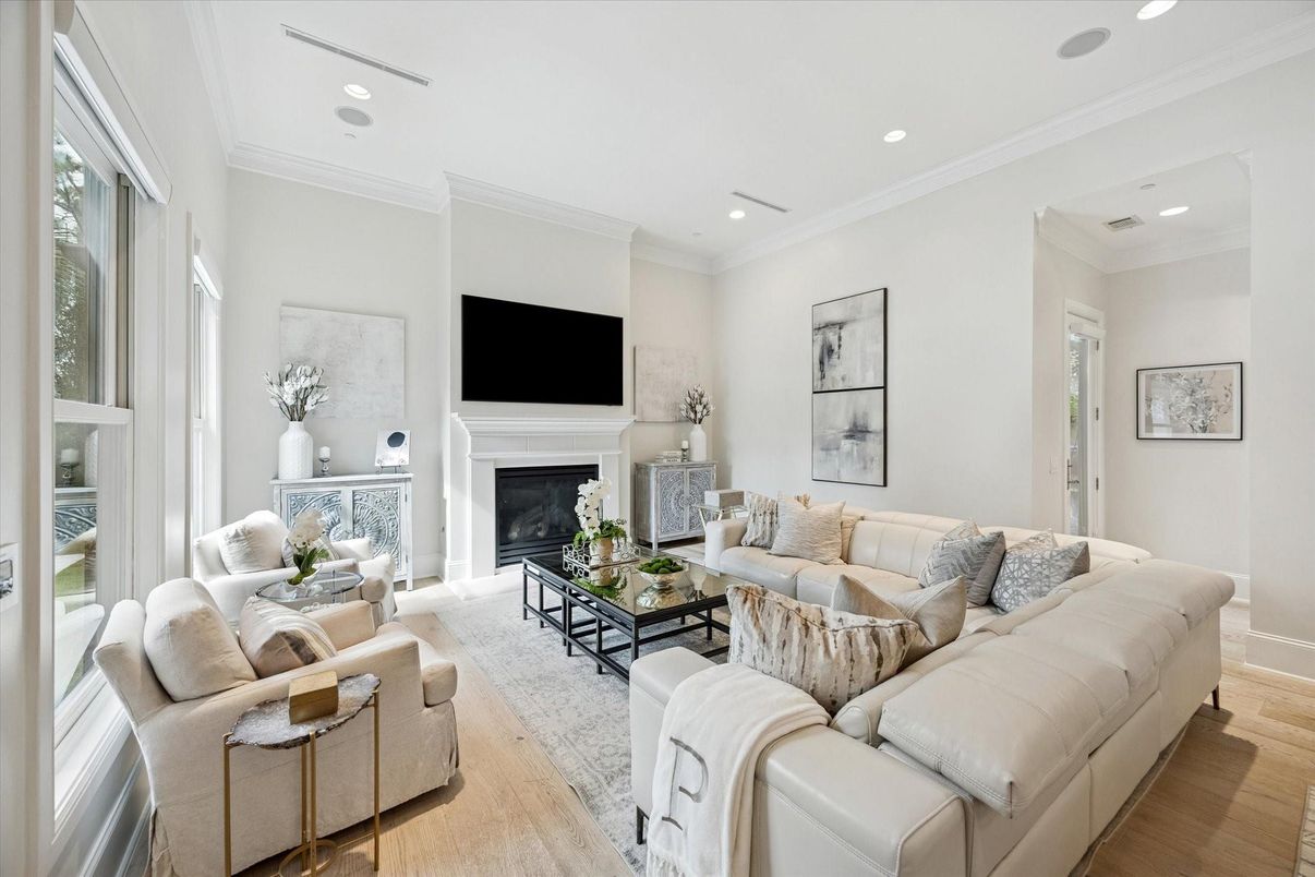 Fireplace, Interior, Living room, Recessed Lighting, Wood Texture Flooring