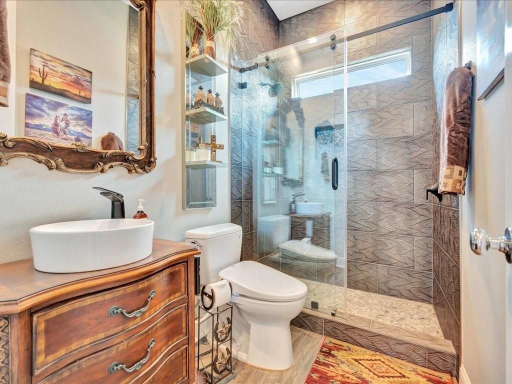 Bathroom, Glass Shower, Interior, Wood Texture Flooring