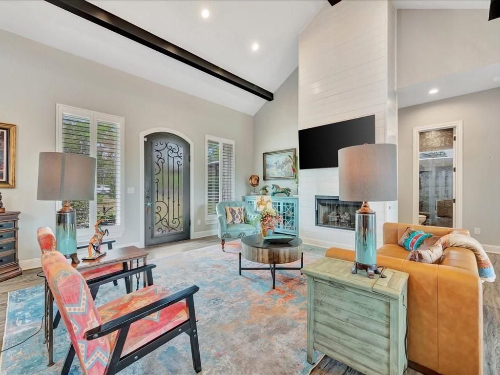 Fireplace, Interior, Living room, Recessed Lighting, Wood Texture Flooring