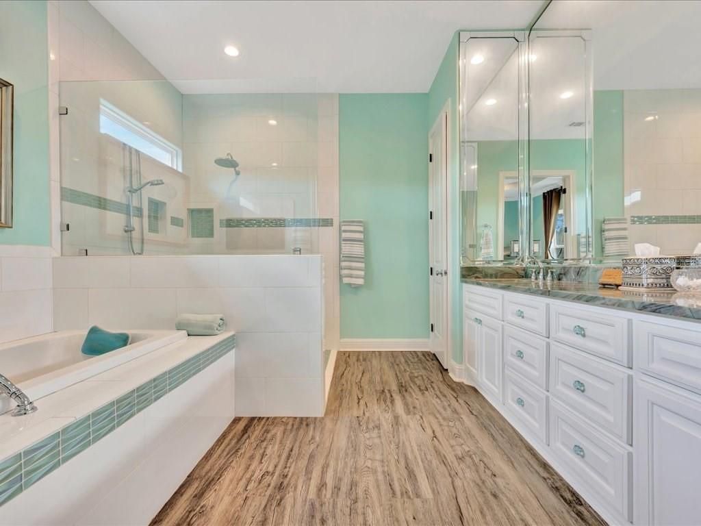 Bathroom, Glass Shower, Interior, Recessed Lighting, Wood Texture Flooring