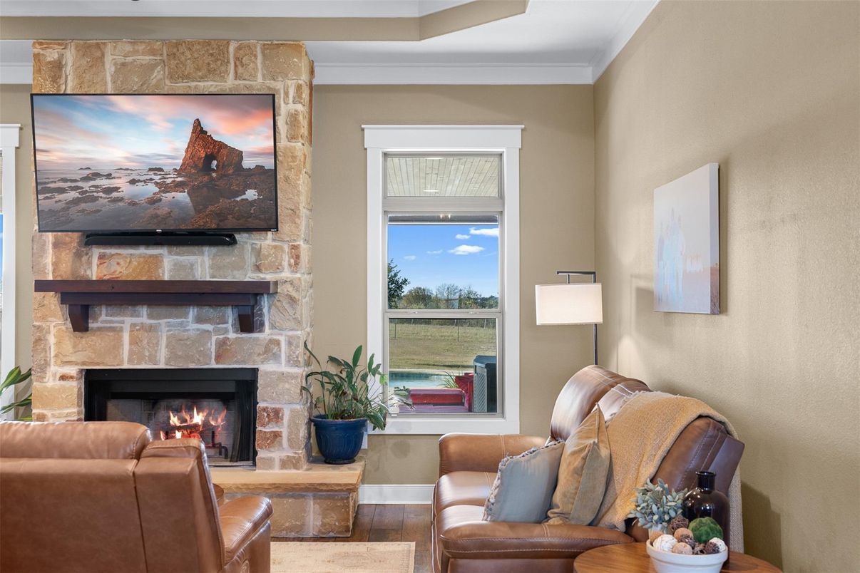 Fireplace, Interior, Living room, Stone Walls, Wood Texture Flooring