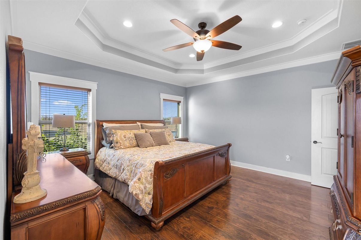 Bedroom, Interior, Recessed Lighting, Wood Texture Flooring