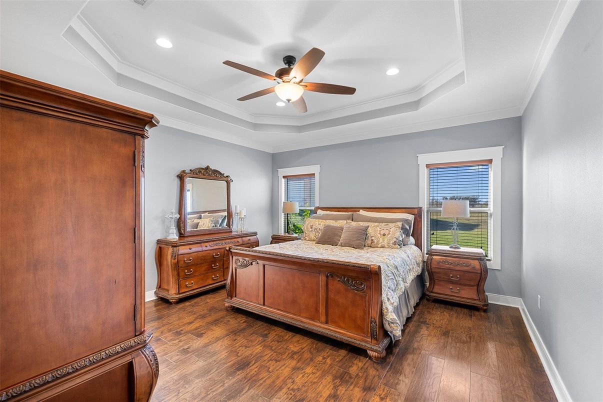 Bedroom, Interior, Recessed Lighting, Wood Texture Flooring