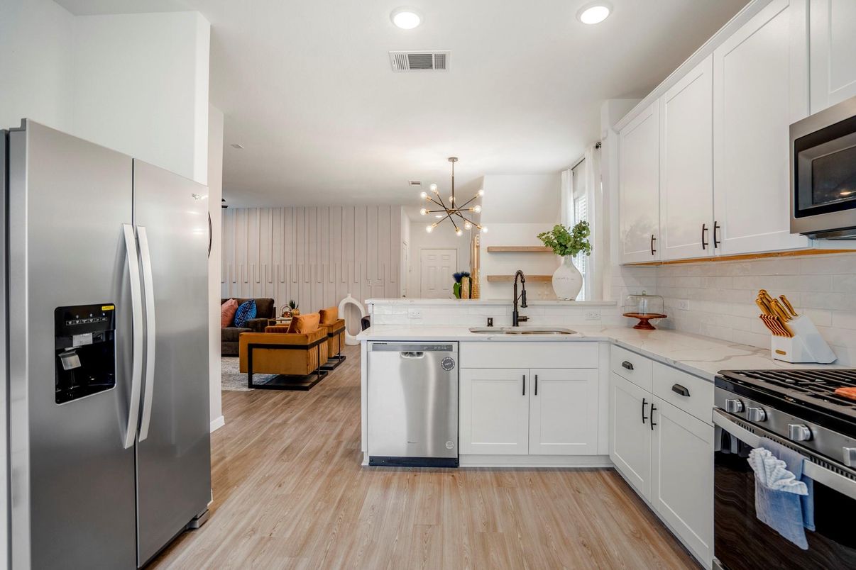 Interior, Kitchen, Pendant Lights, Recessed Lighting, Stainless Steel Appliances, Wood Texture Flooring