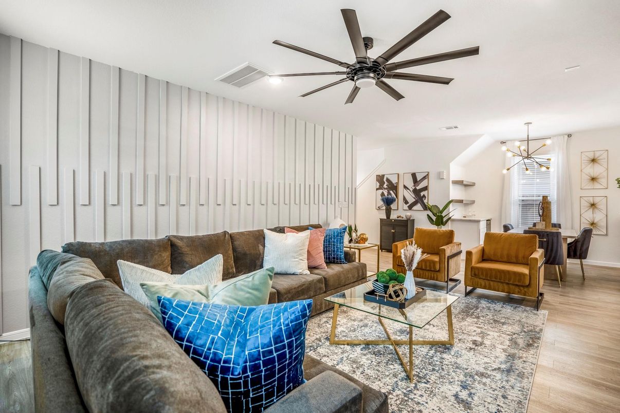 Dining room, Interior, Living room, Pendant Lights, Recessed Lighting, Wood Texture Flooring