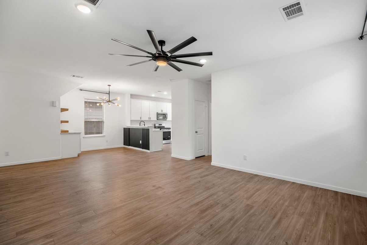 Empty room, Interior, Kitchen, Pendant Lights, Recessed Lighting, Wood Texture Flooring