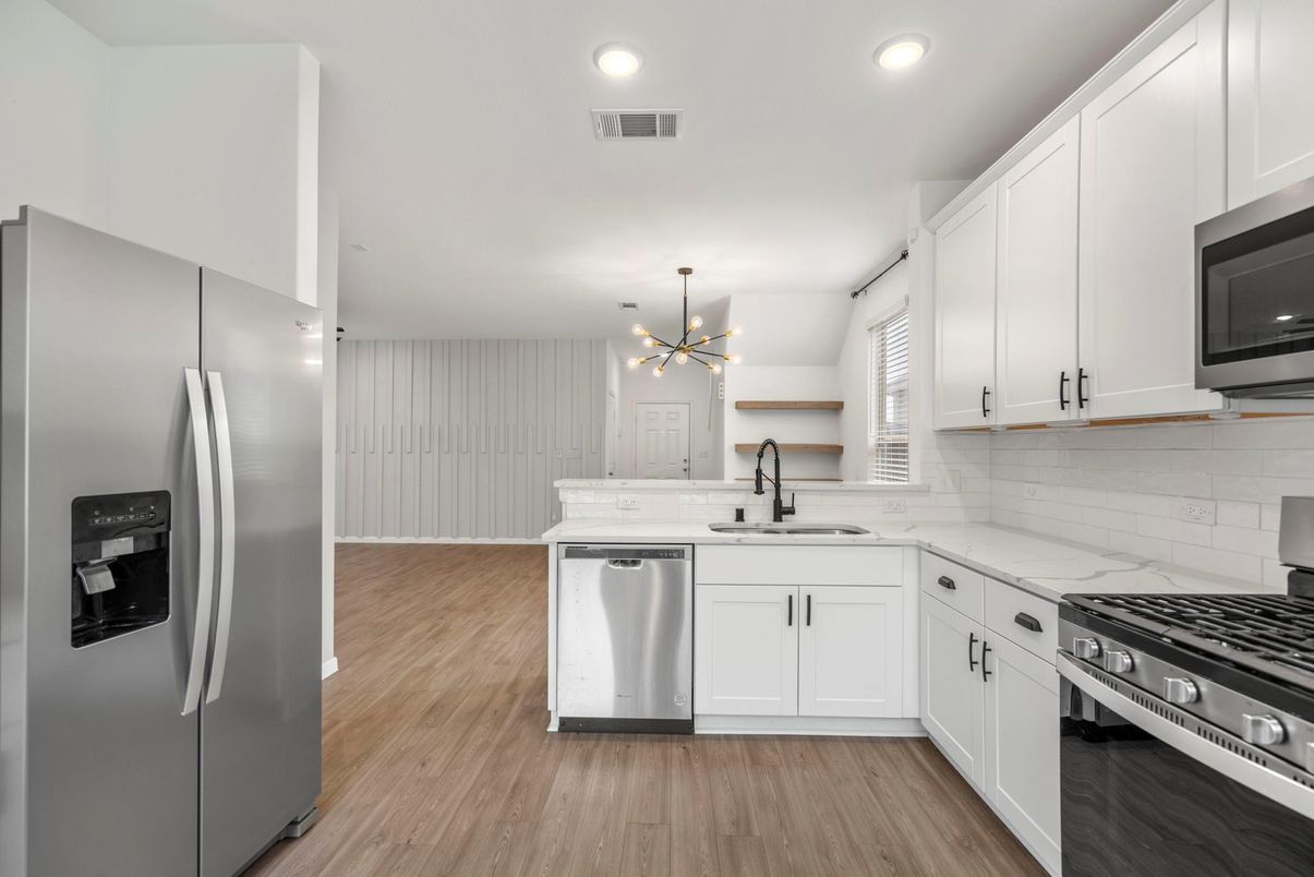 Interior, Kitchen, Pendant Lights, Recessed Lighting, Stainless Steel Appliances, Wood Texture Flooring