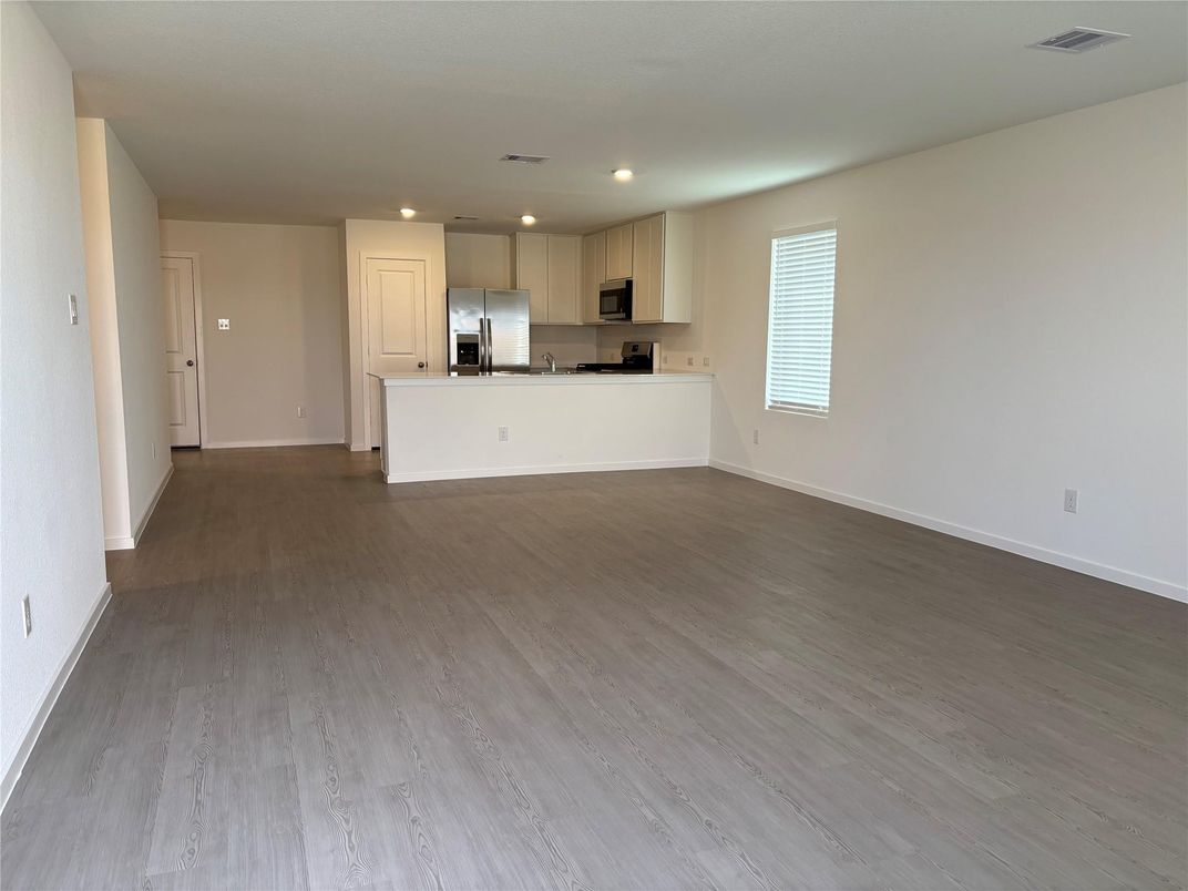 Empty room, Interior, Kitchen, Recessed Lighting, Wood Texture Flooring