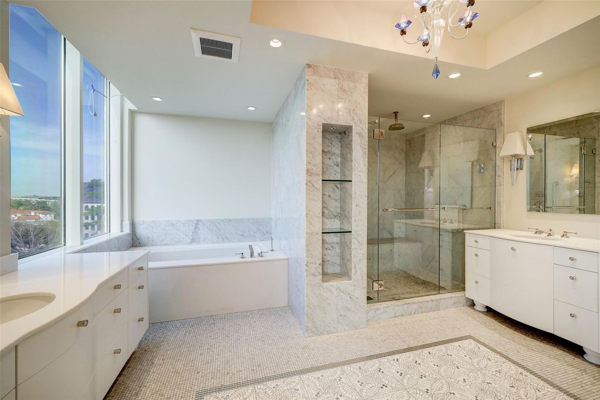 Bathroom, Dual Sink Vanities, Glass Shower, Interior, Marble Walls, Recessed Lighting
