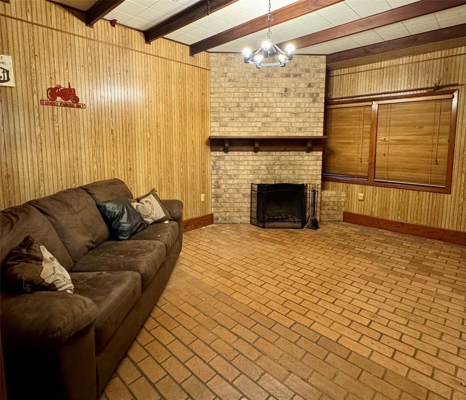 Fireplace, Interior, Living room, Pendant Lights, Stone Walls, Wooden Beams, Wooden Walls