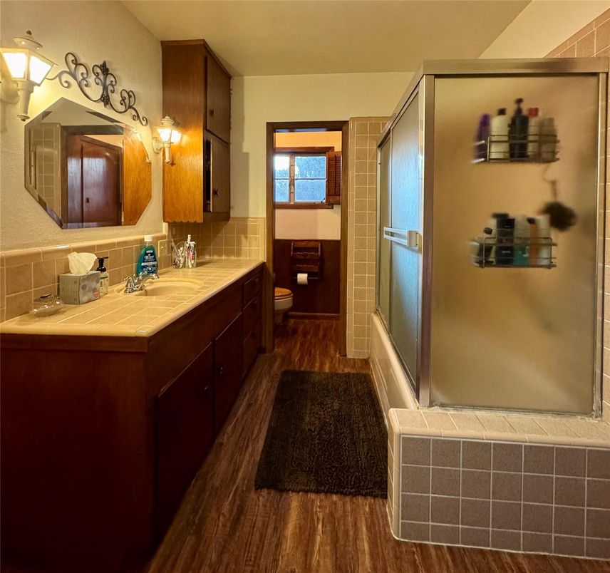 Bathroom, Interior, Tile Countertops, Wood Texture Flooring