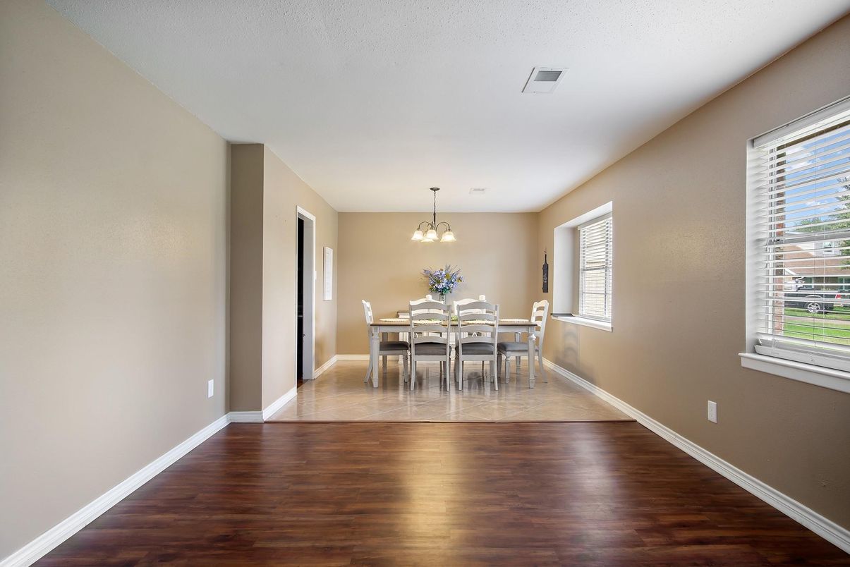 Dining room, Interior, Pendant Lights, Wood Texture Flooring