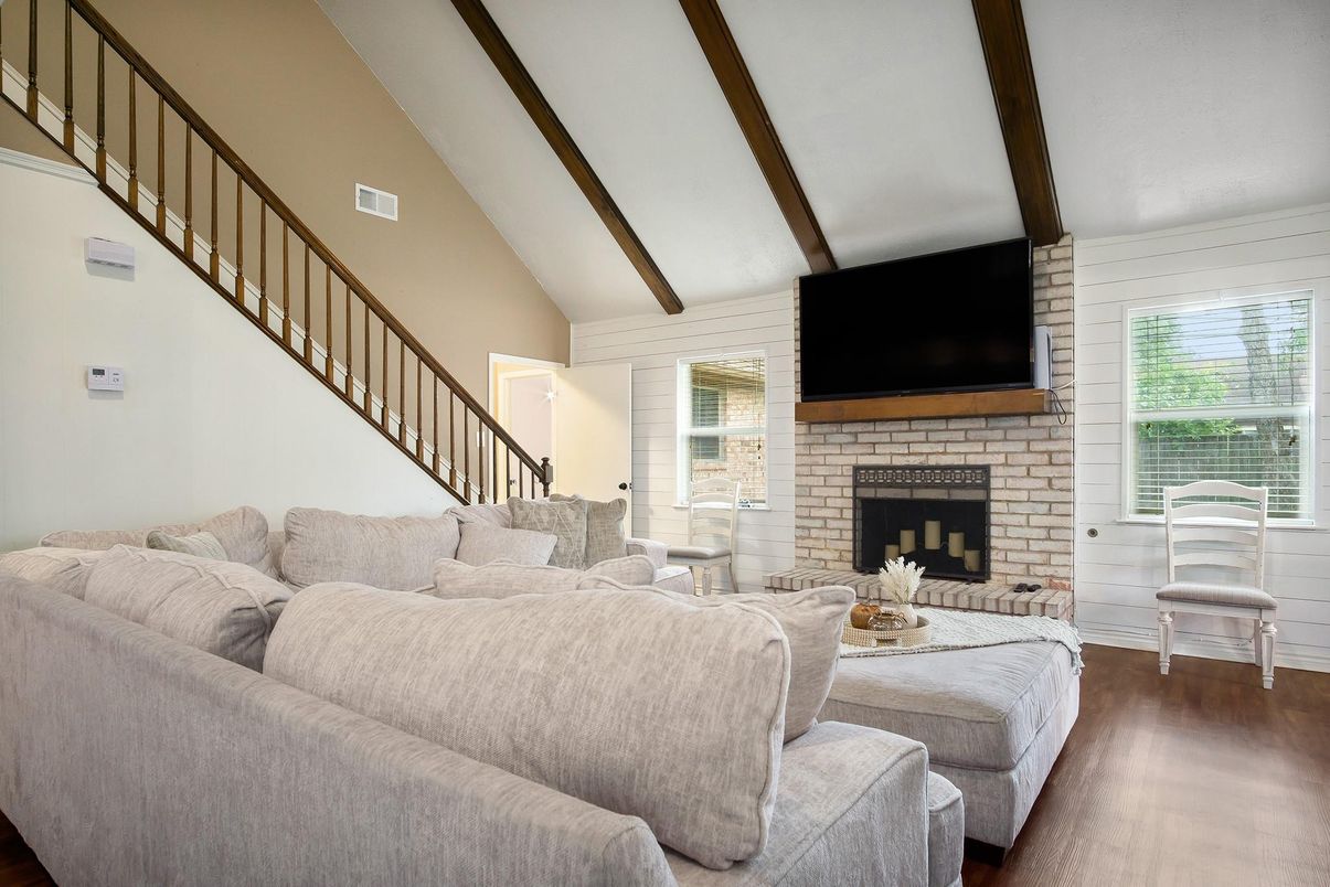 Fireplace, Interior, Living room, Stone Walls, Wooden Beams, Wood Texture Flooring